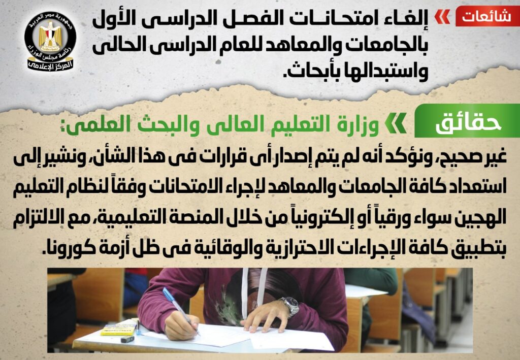 327004 الحكومة تنفى إلغاء امتحانات الفصل الدراسى الأول بالجامعات والمعاهد