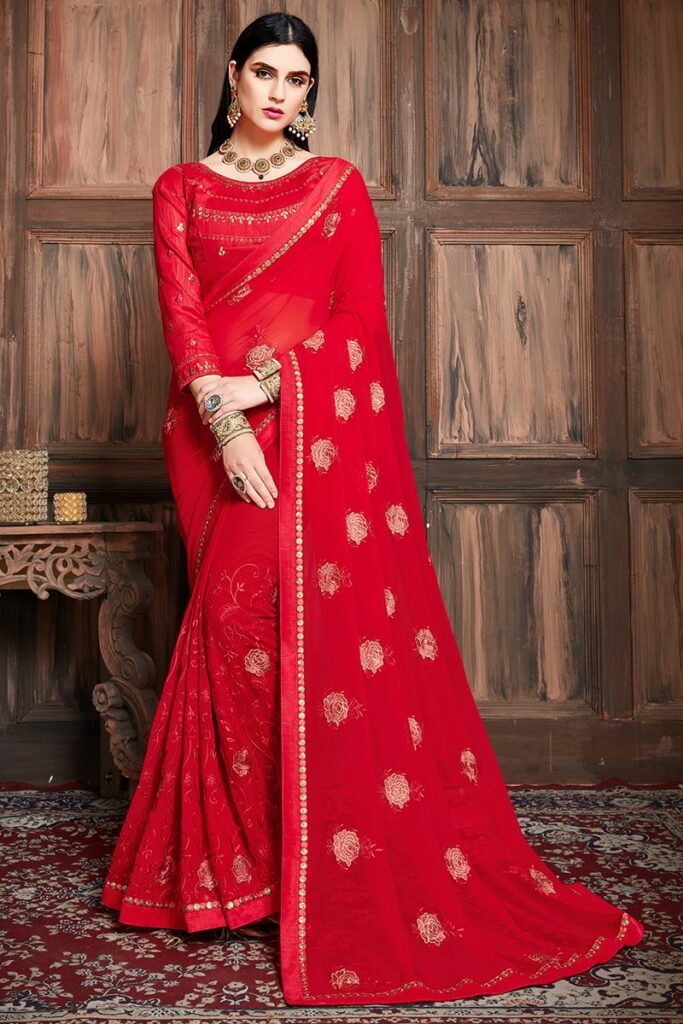 0078203 red color heavy embroidery saree