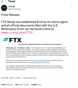 صفحة شركة FTX على توتير تغرد بالبيان الخاص بإعلان التقدم بطلب الإفلاس 