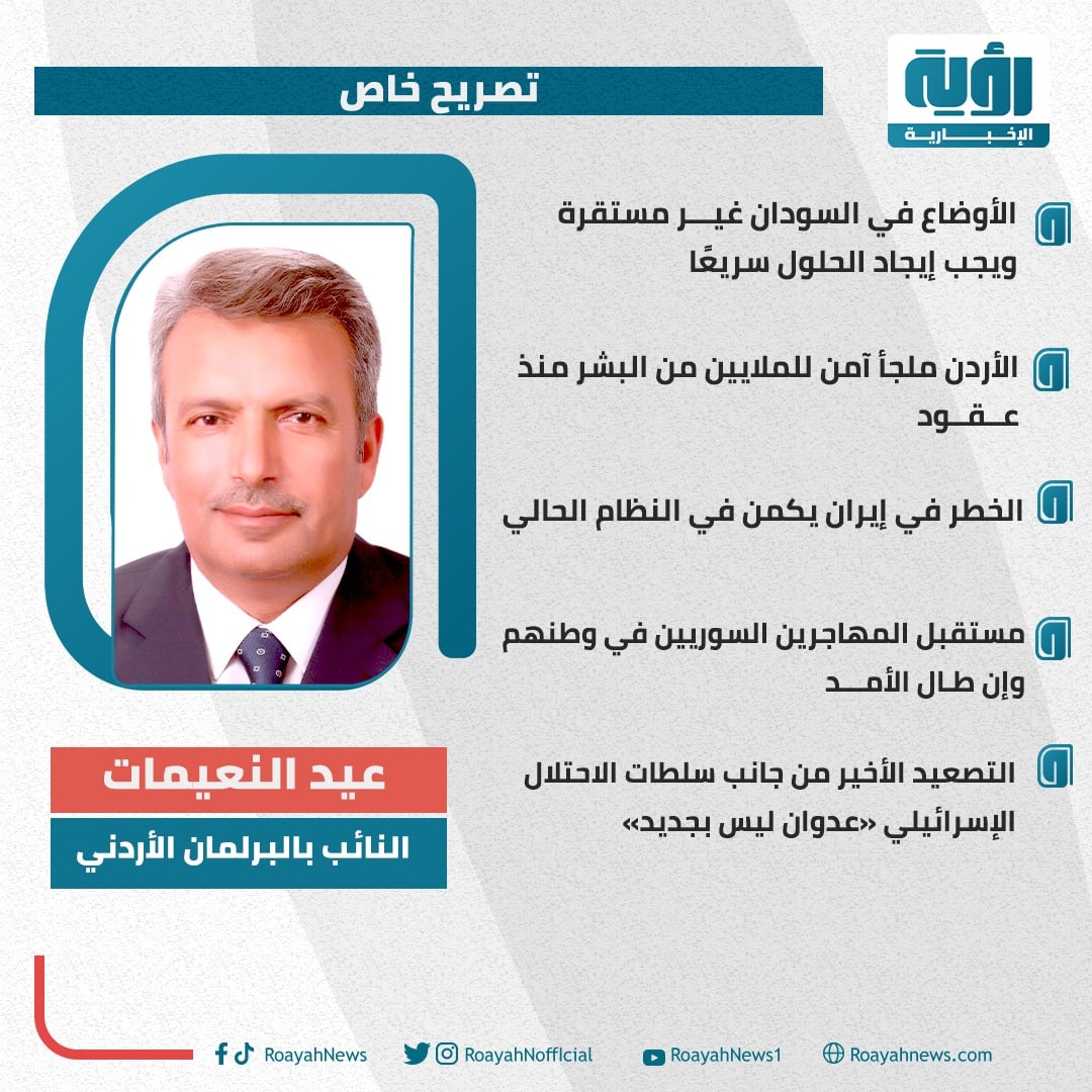 برلماني أردني لـ "رؤية": مستقبل المهاجرين السوريين في وطنهم .. ويجب إيجاد حلول سريعة للازمة في السودان