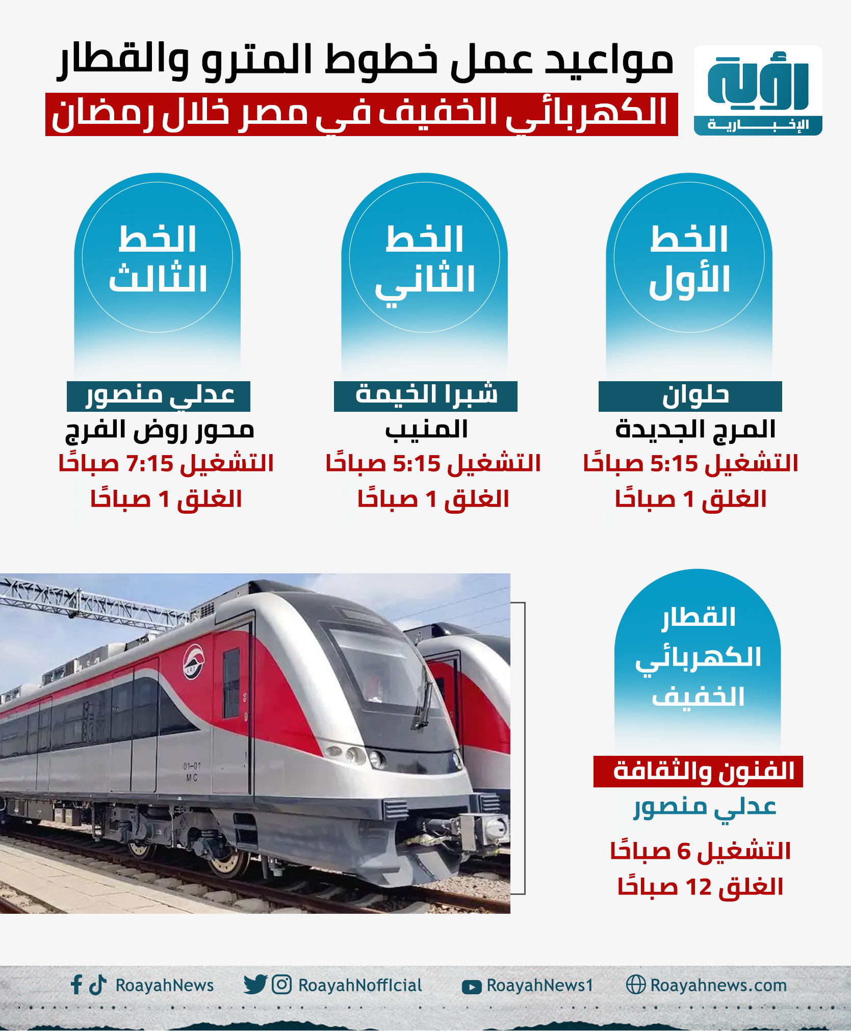 مواعيد عمل خطوط مترو الأنفاق والقطار الكهربائي الخفيف في رمضان