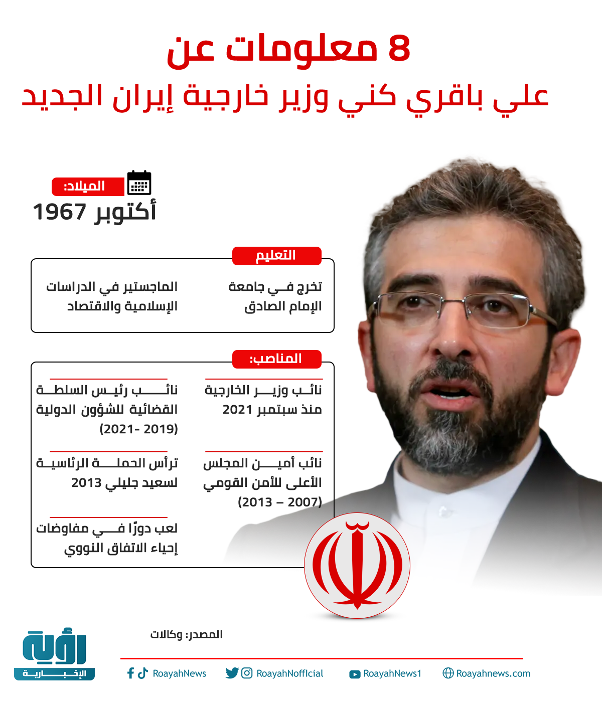 إنفوجراف| 8 معلومات عن علي باقري كني وزير الخارجية الإيراني الجديد